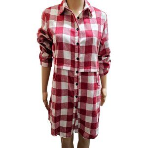 Red & White Plaid Button-Up Shirt Dress With Pockets & Rolled Sleeves By Hotouch